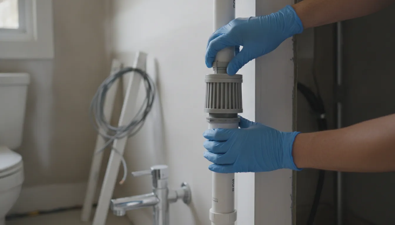 Close-up of an upright air admittance valve for toilet venting installed on a bathroom drain line