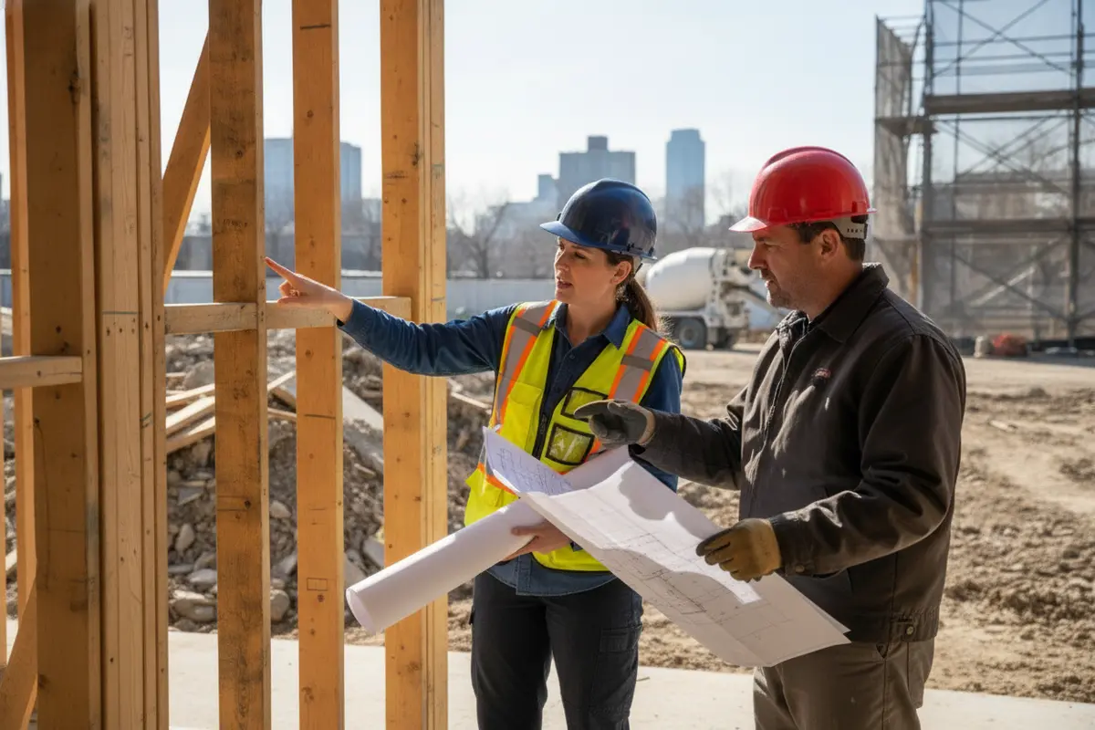 Building professional and contractor reviewing exposed framing and plans on a renovation site