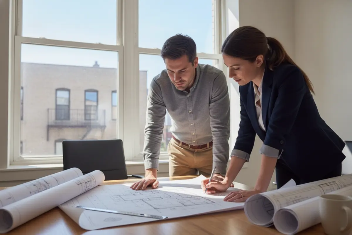 Design professionals reviewing plans for a small NYC building project