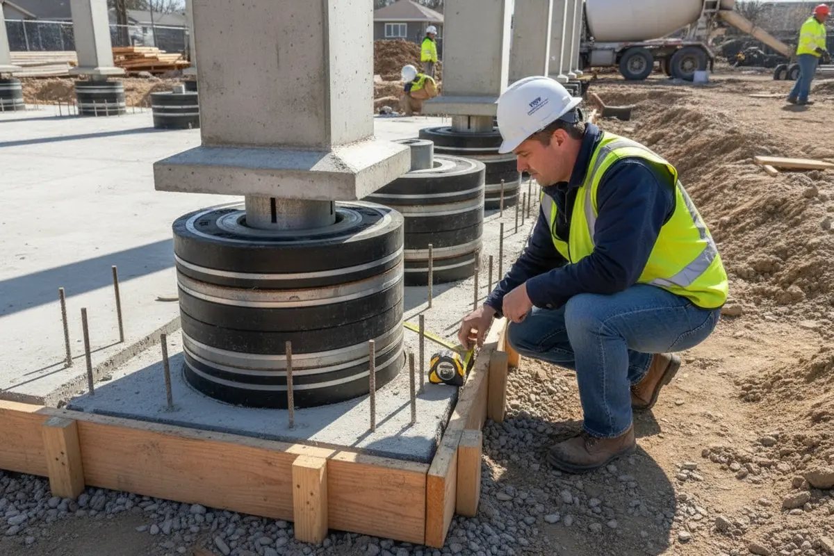 Engineer checking access and visible interfaces around a seismic isolation bearing