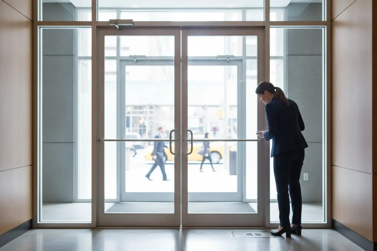 Glazed commercial vestibule with two sets of entrance doors and visible frame details