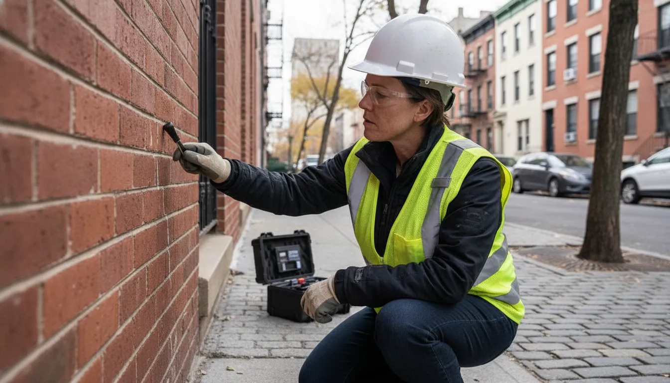 Engineer documenting a brick facade at a small NYC building before nearby work