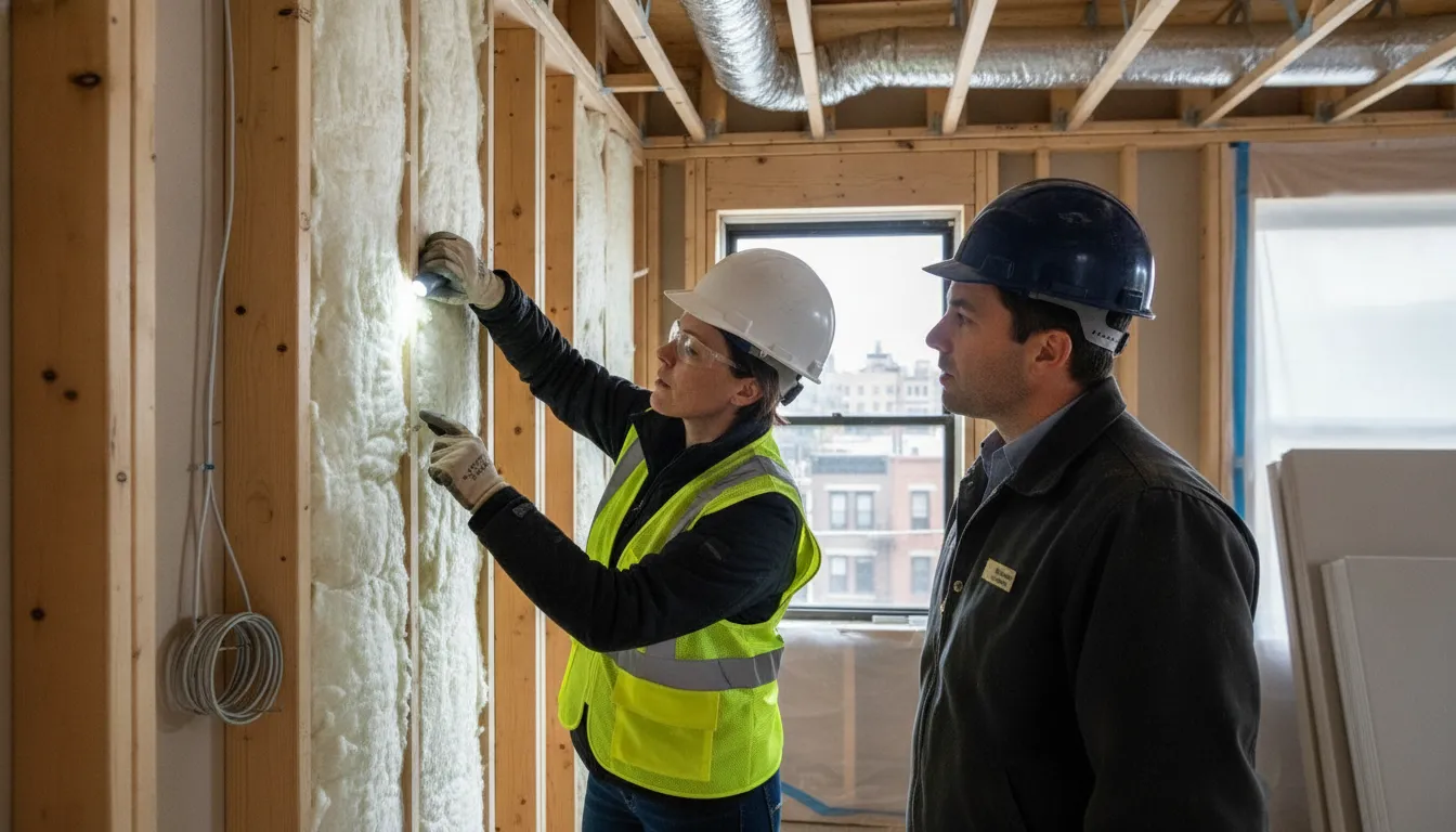 Inspector reviewing installed energy systems during a small NYC renovation
