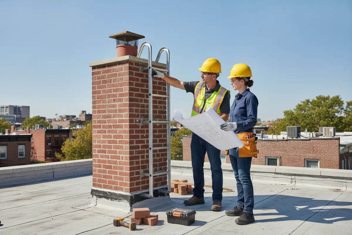 Inspector and contractor reviewing an accessible masonry chimney at a small renovation site