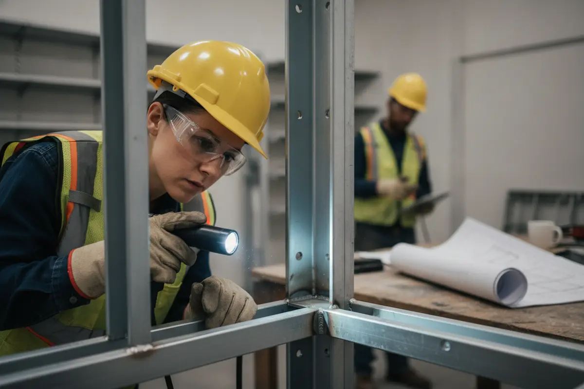 Inspector examining an accessible aluminum weld during a small commercial fit-out