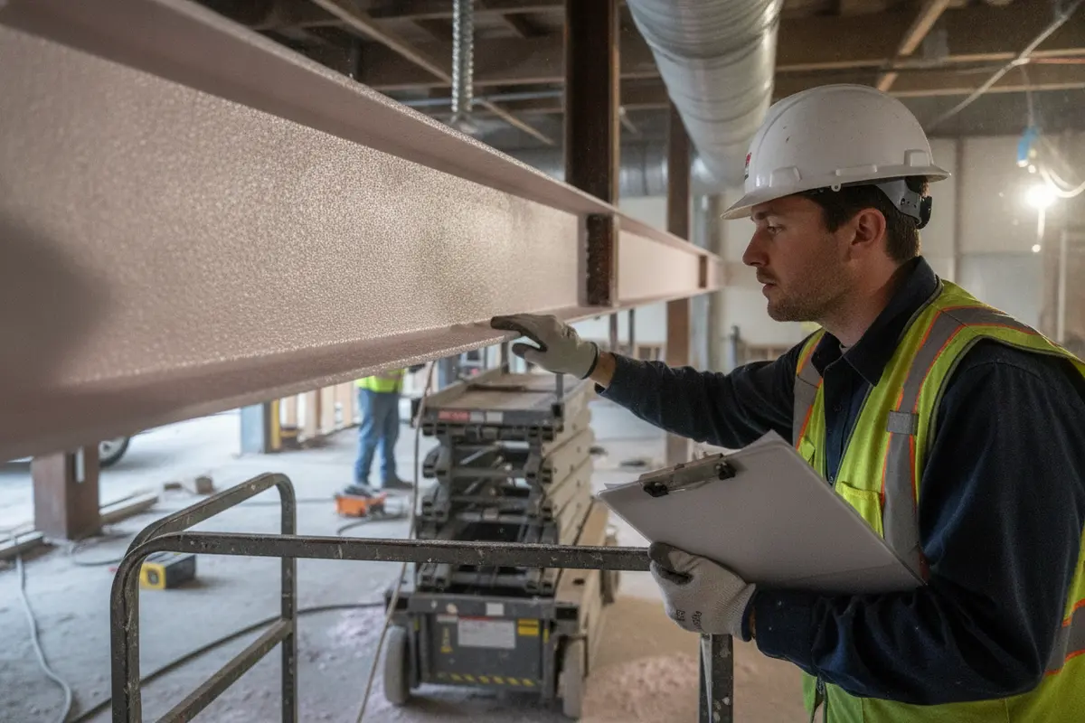 Inspector reviewing coating thickness documentation beside a coated steel member