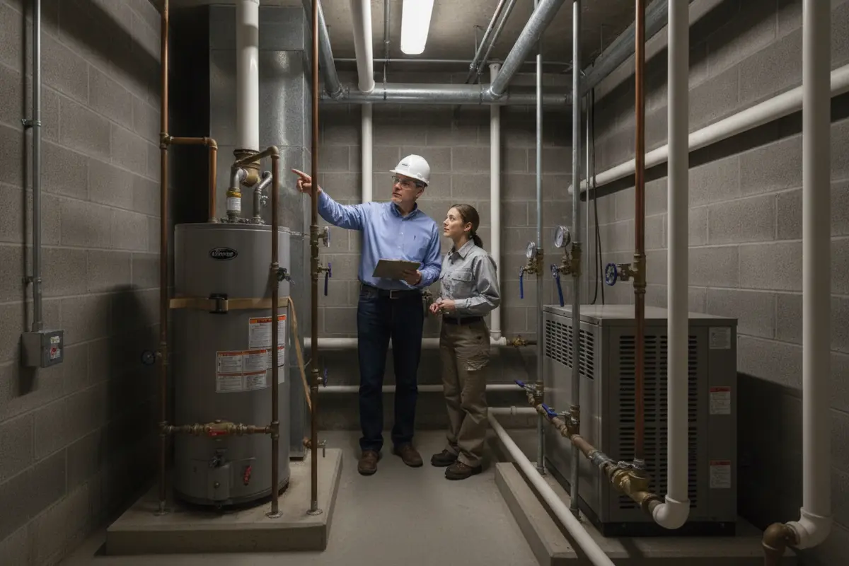 Inspector reviewing secured equipment and building systems in a NYC mechanical room