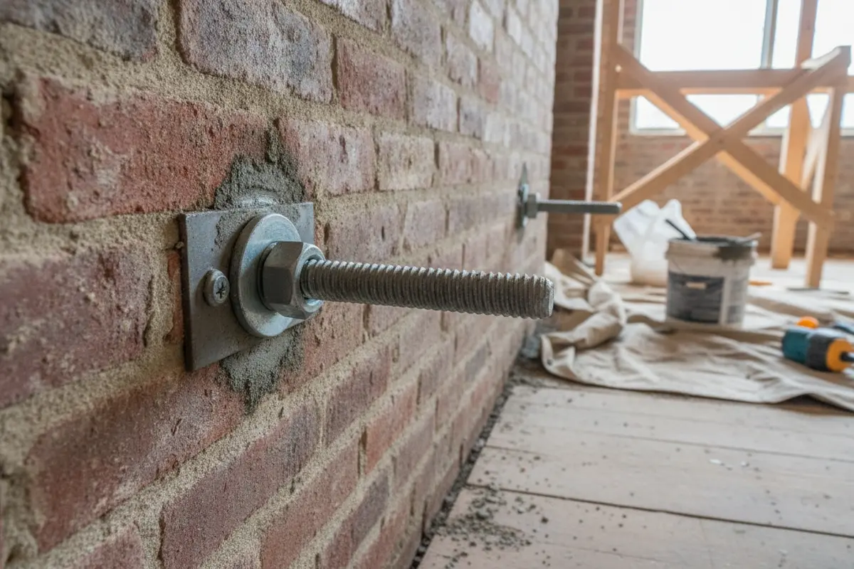 Post-installed anchor location exposed in a small renovation area before the work is covered