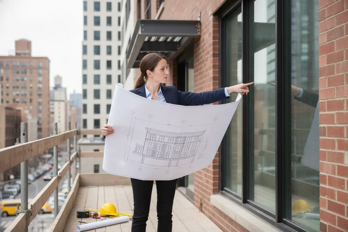 Professional comparing a facade projection detail on a drawing with the building exterior