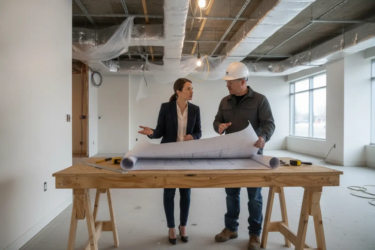 Project team reviewing mechanical demolition plans at a small NYC commercial renovation