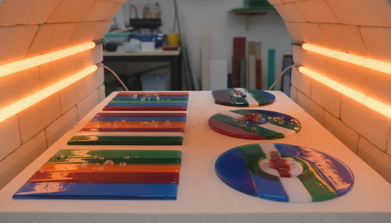 Glass kiln interior with glowing heating elements and layered glass pieces arranged for fusing