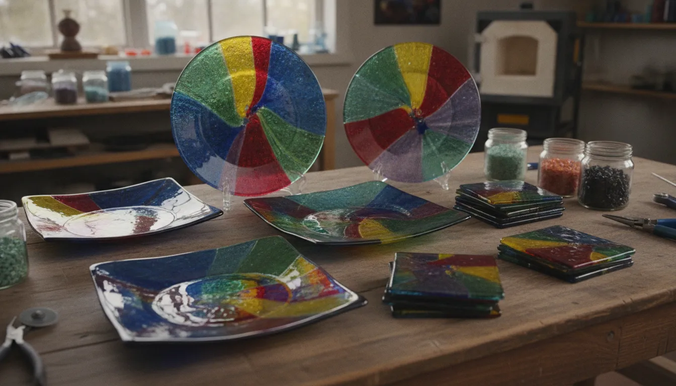 Finished fused glass plates and coasters with glossy smooth finish on display table
