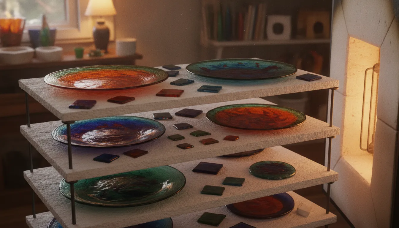 stacked kiln shelves loaded with colored fused glass pieces ready to fire