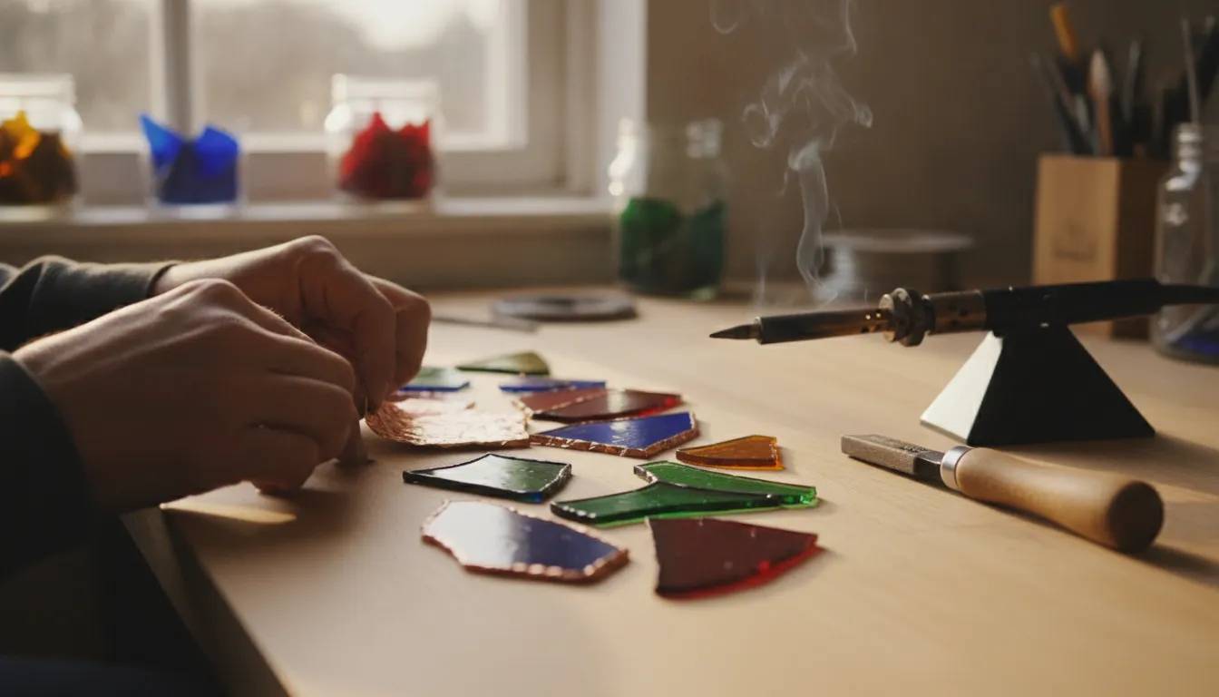 A glass artist scoring colored stained glass with a carbide-wheel cutter