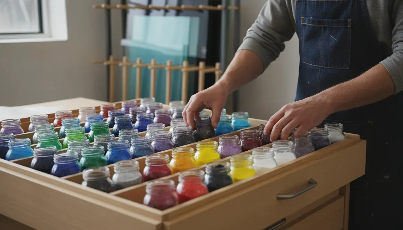 Glass artist organizing sealed jars of frit in a studio drawer