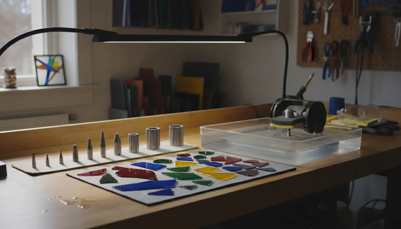 Diamond grinder bits and stained glass pattern pieces on a studio workbench