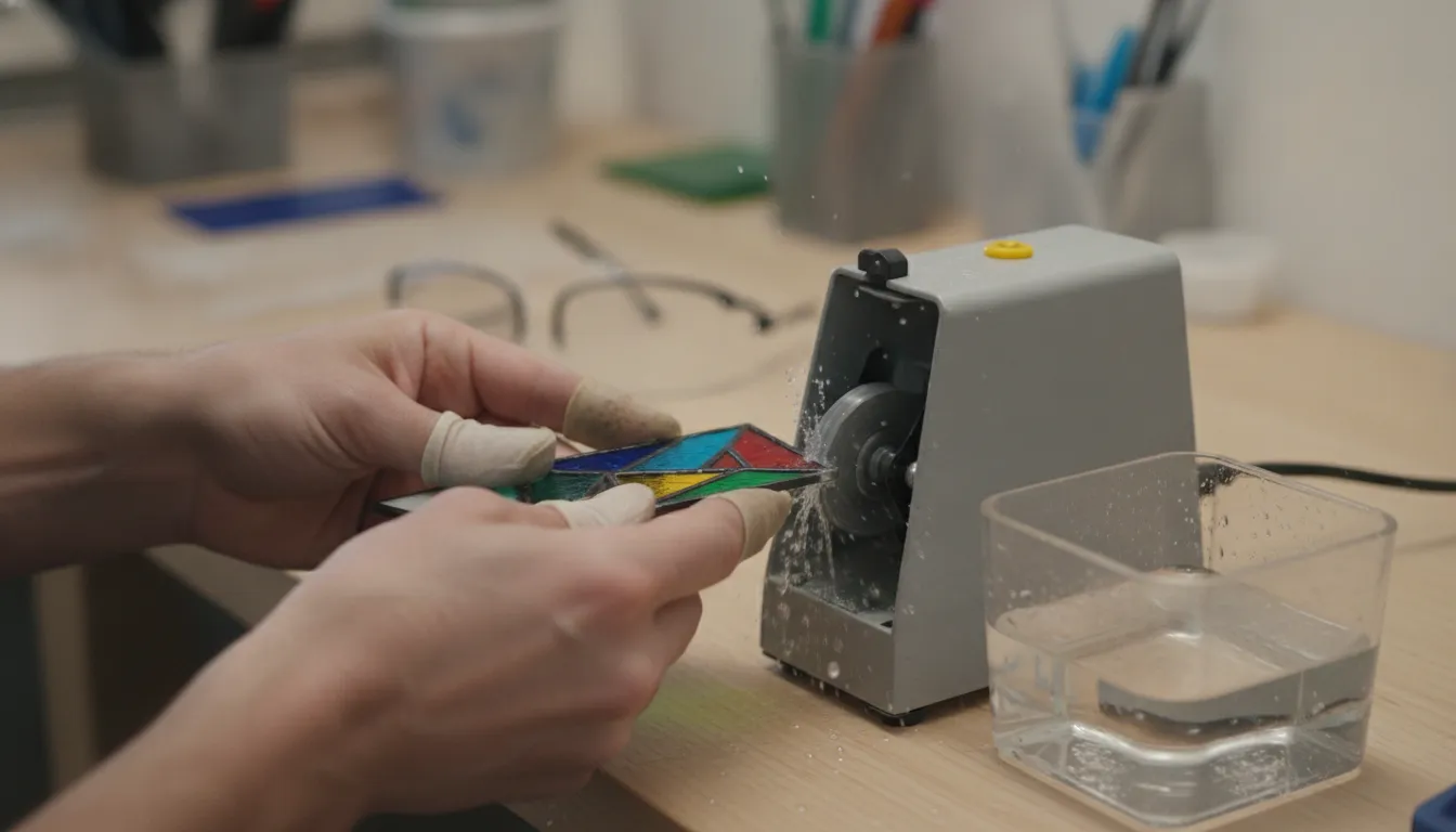 Artist guiding a stained glass piece beside a wet diamond grinder
