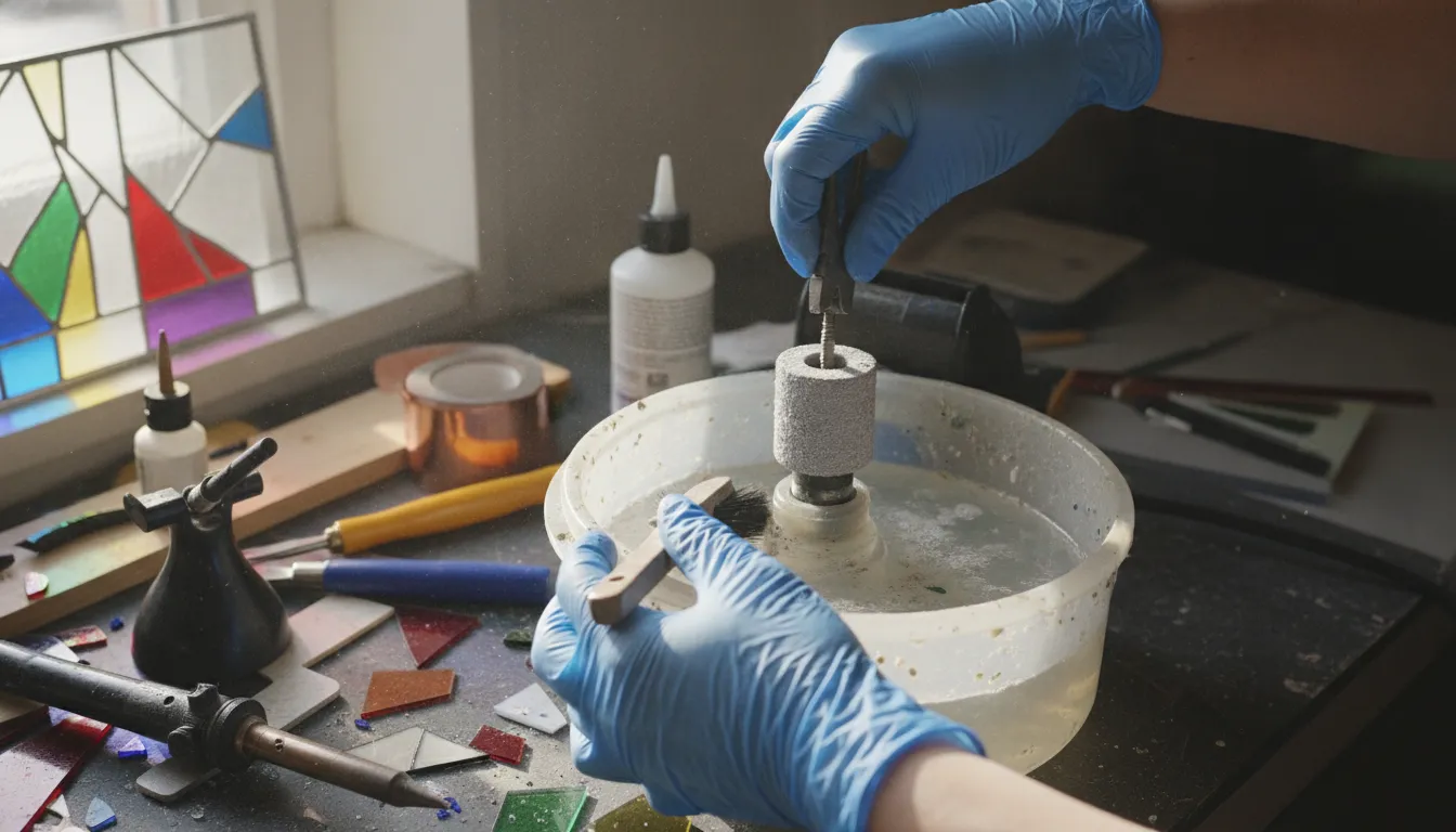 Close-up of glass grinder being cleaned with a brush and running water to remove glass grit