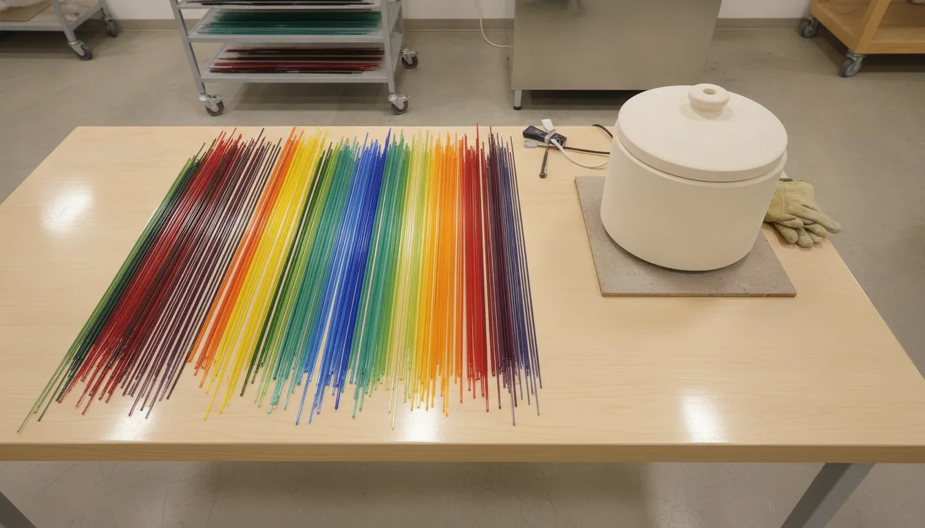Colorful glass stringers arranged in parallel rows in a fusing studio beside a small kiln
