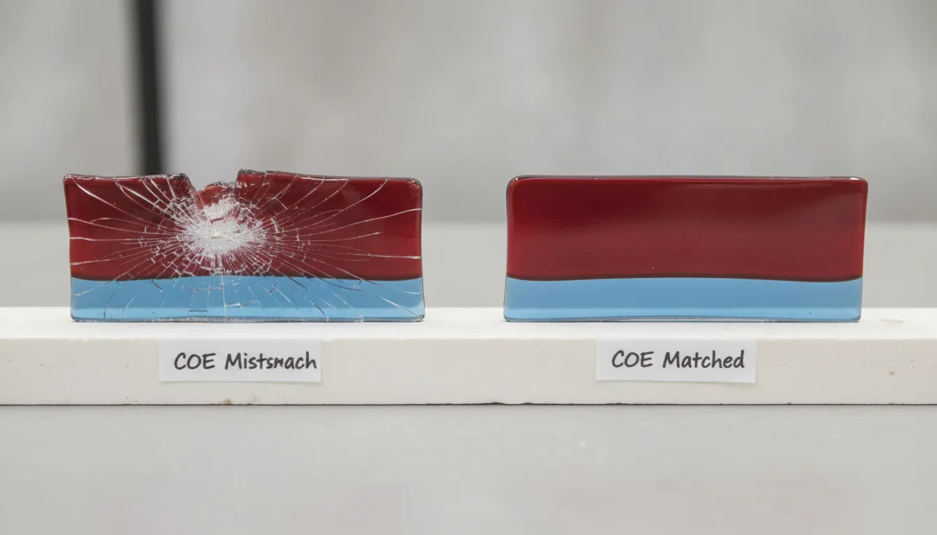 Side-by-side glass fusing test strips showing a cracked fused piece from COE mismatch next to an intact piece from matching COE glass