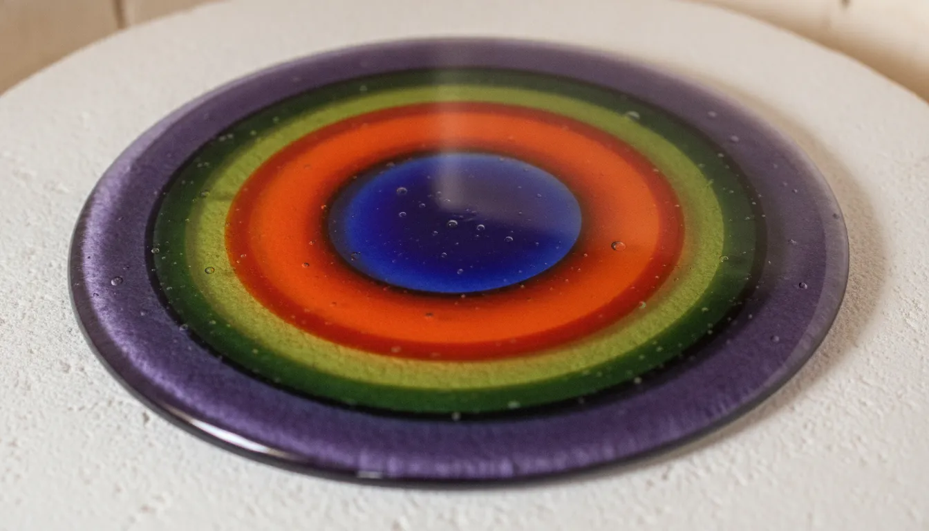 Fused glass art piece showing layered colors and glossy surface during the fusing process