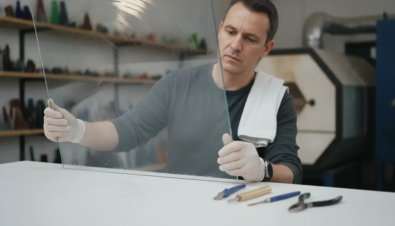 Artist inspecting a cleaned glass panel before kiln fusing