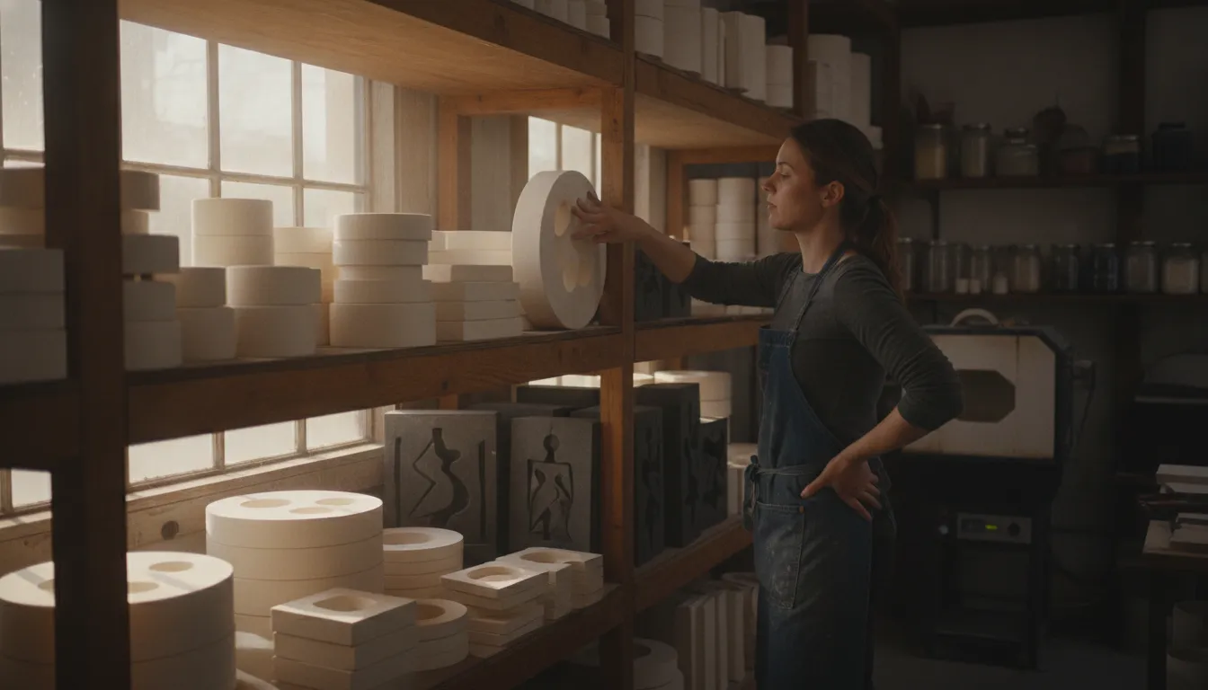 Round and square ceramic slumping molds with graphite casting molds on a studio shelf