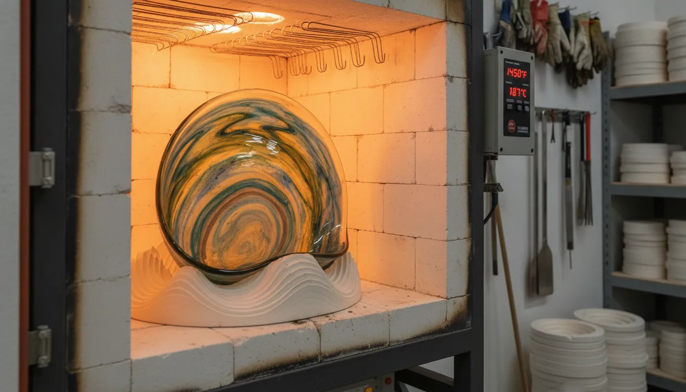 Glass kiln interior with orange glow showing sheet glass transforming over a ceramic slumping mold