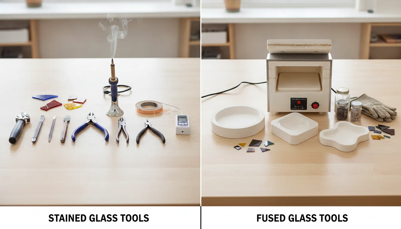 Stained glass tools including glass cutter, soldering iron, and copper foil on a workbench