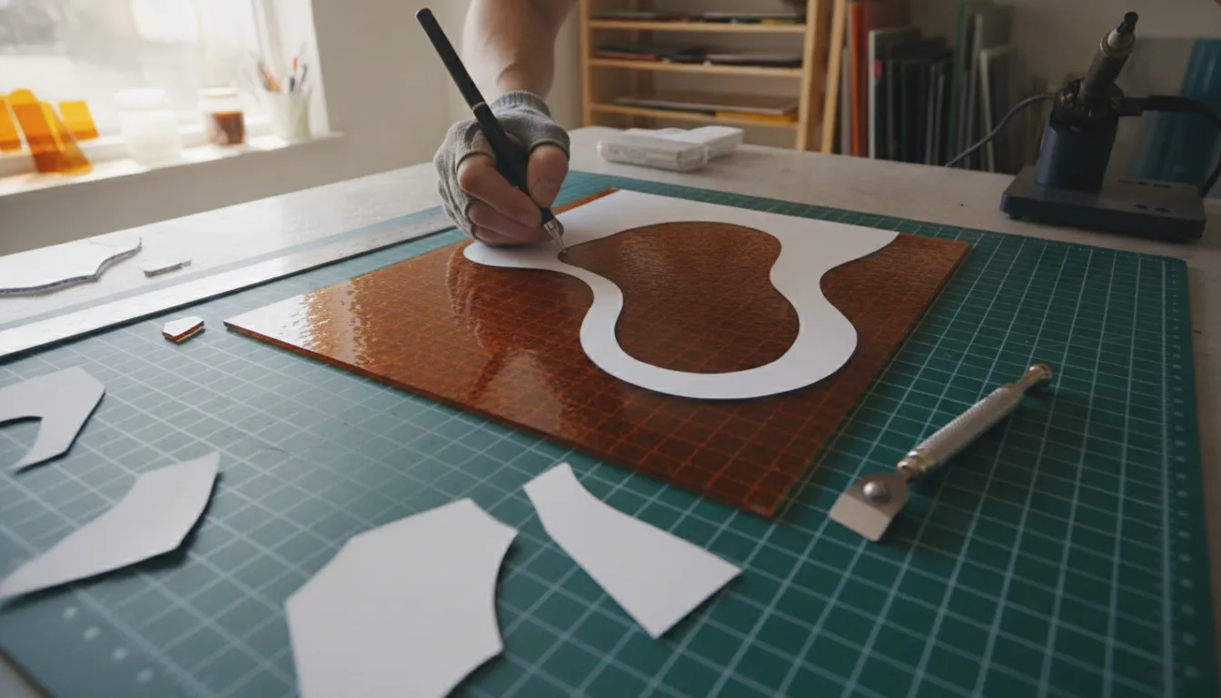 Tracing a stained glass pattern template onto a glass sheet on a studio workbench