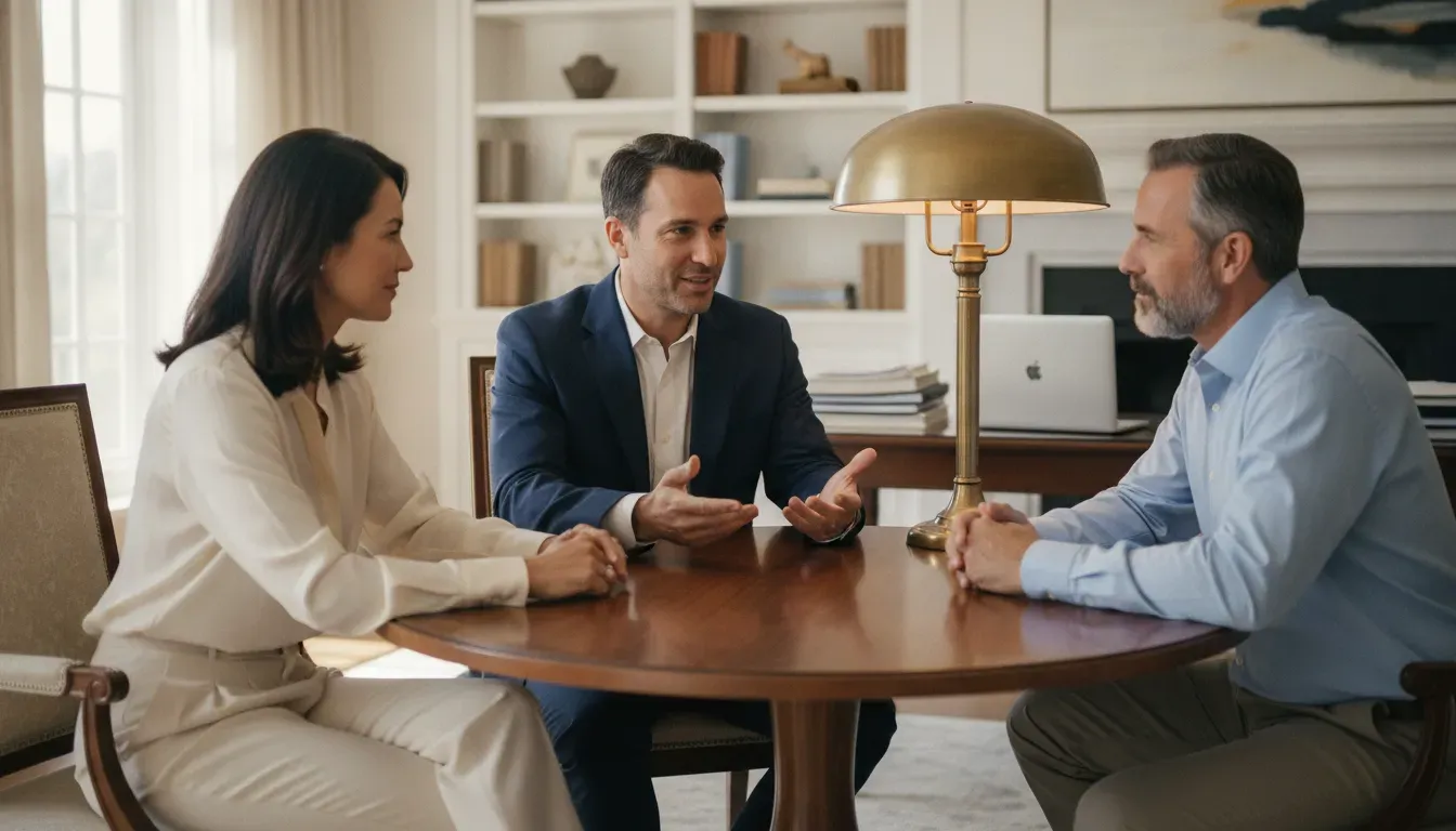 CPA discussing a documented business planning meeting with business owners in a home office