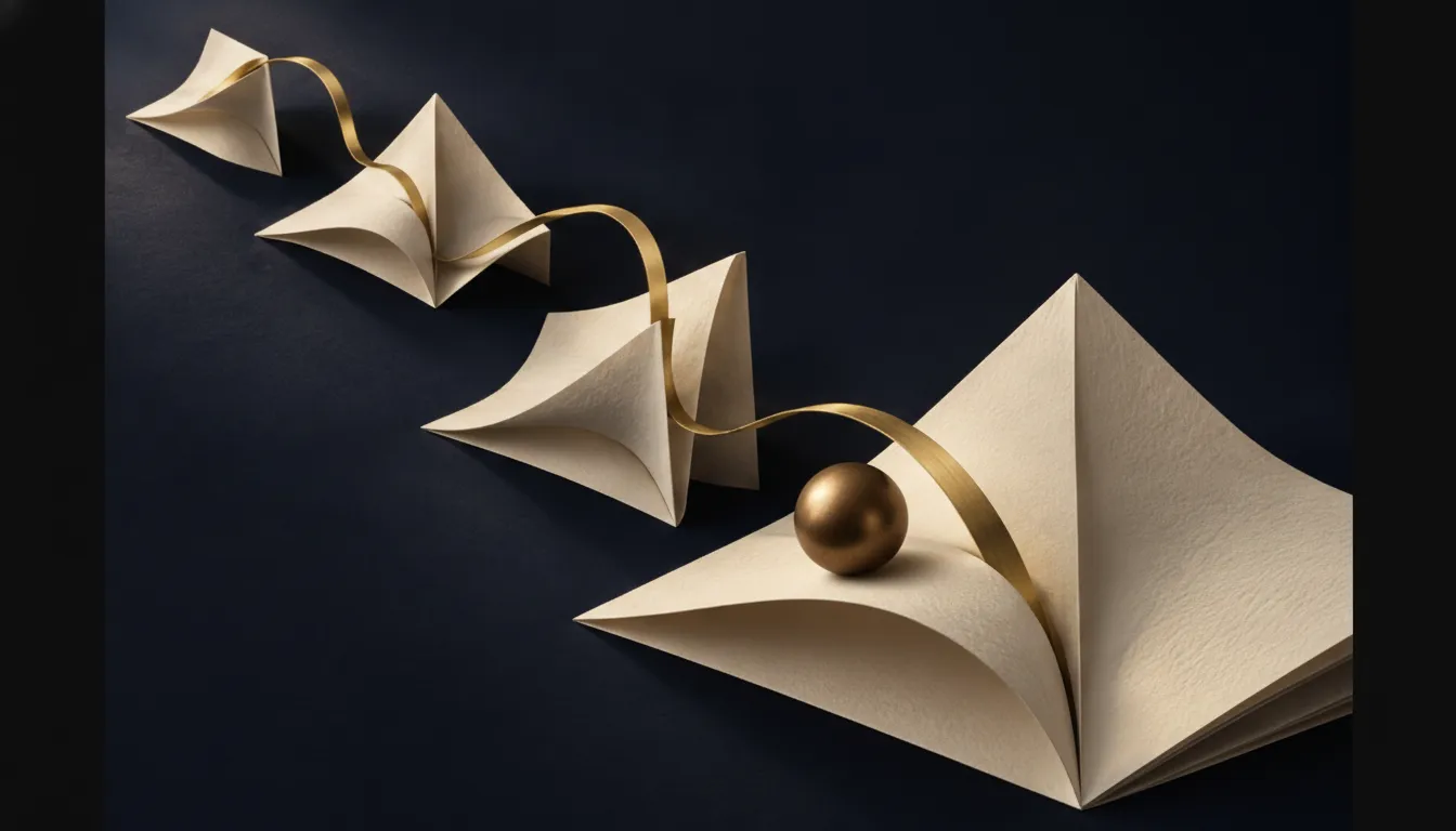 Abstract sales funnel website concept with a gold ribbon and sphere among folded paper pyramids.