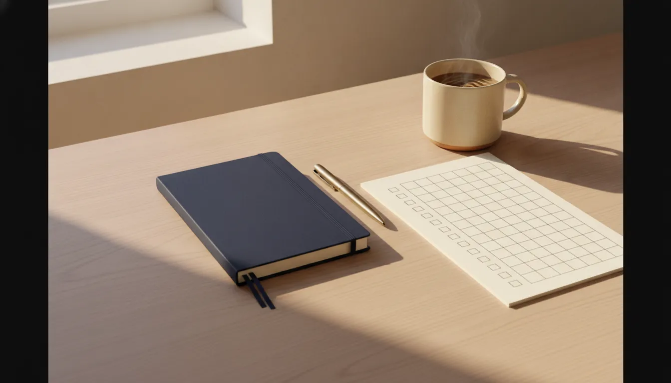A navy notebook, gold pen, blank checklist, and coffee mug on a sunlit wood desk