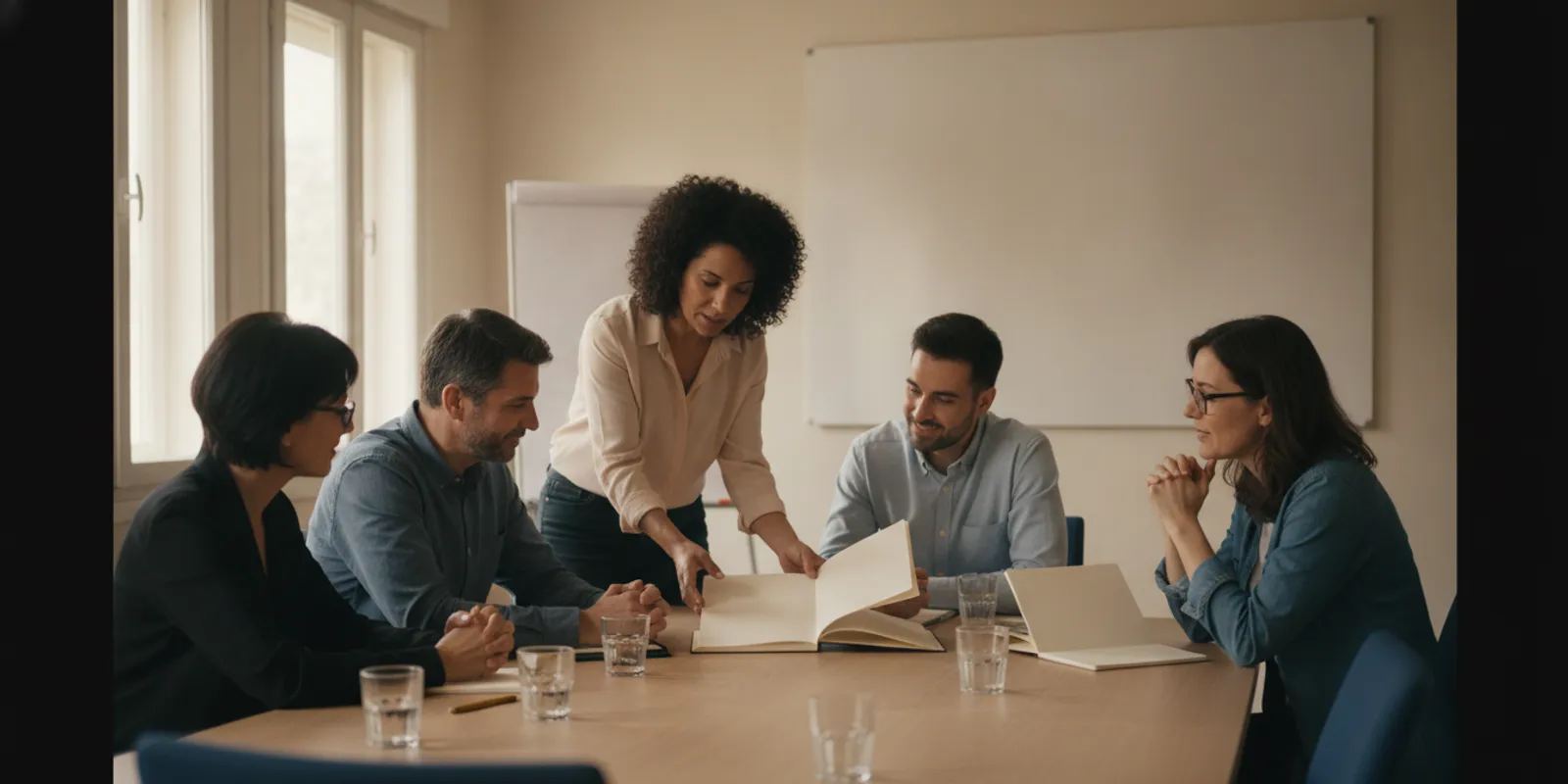 A small network marketing team seated around a table reviewing a simple meeting agenda