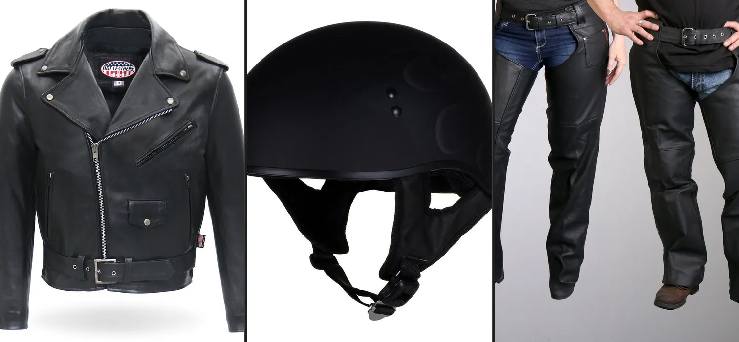 Real Hot Leathers products: a USA-made premium leather jacket, a DOT-approved motorcycle helmet, and genuine leather chaps - the essential riding gear from head to toe.