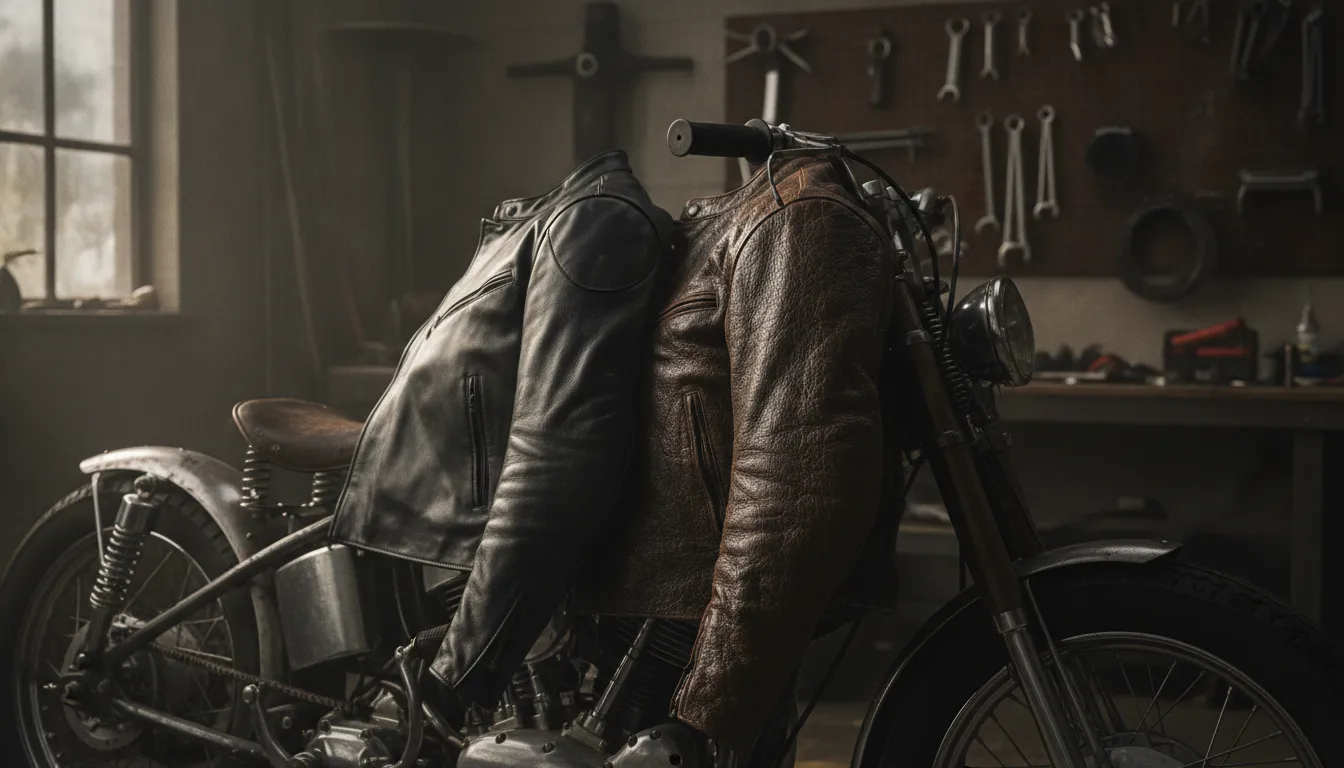 Cowhide and buffalo leather motorcycle jackets compared in a workshop