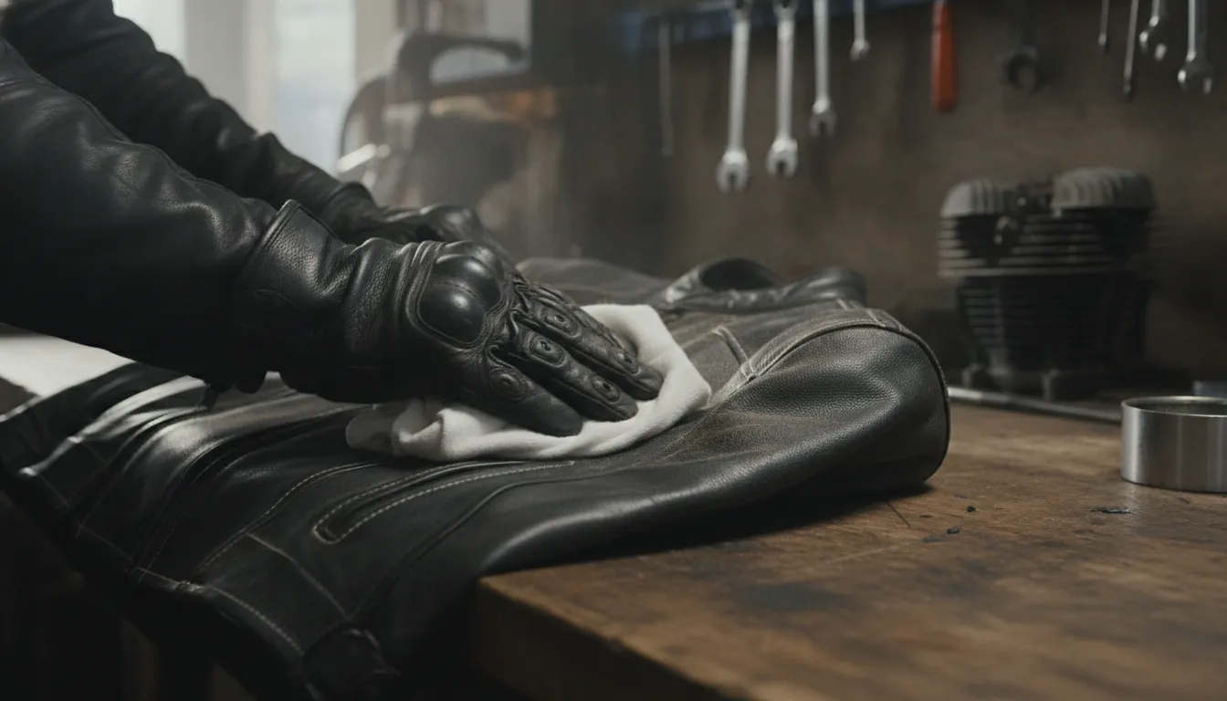 Gloved hands cleaning a leather motorcycle jacket with a microfiber cloth