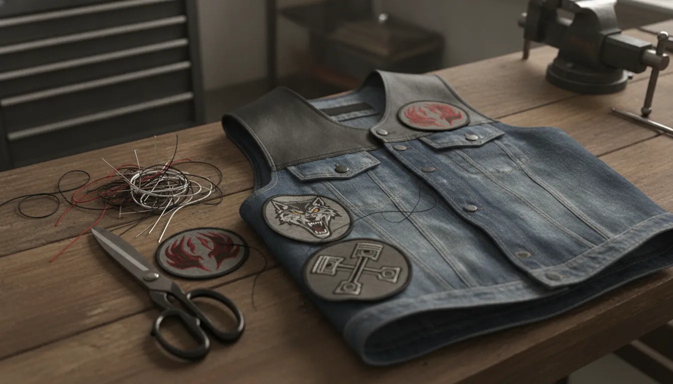 Needle and thread tools for sewing patches onto motorcycle vest