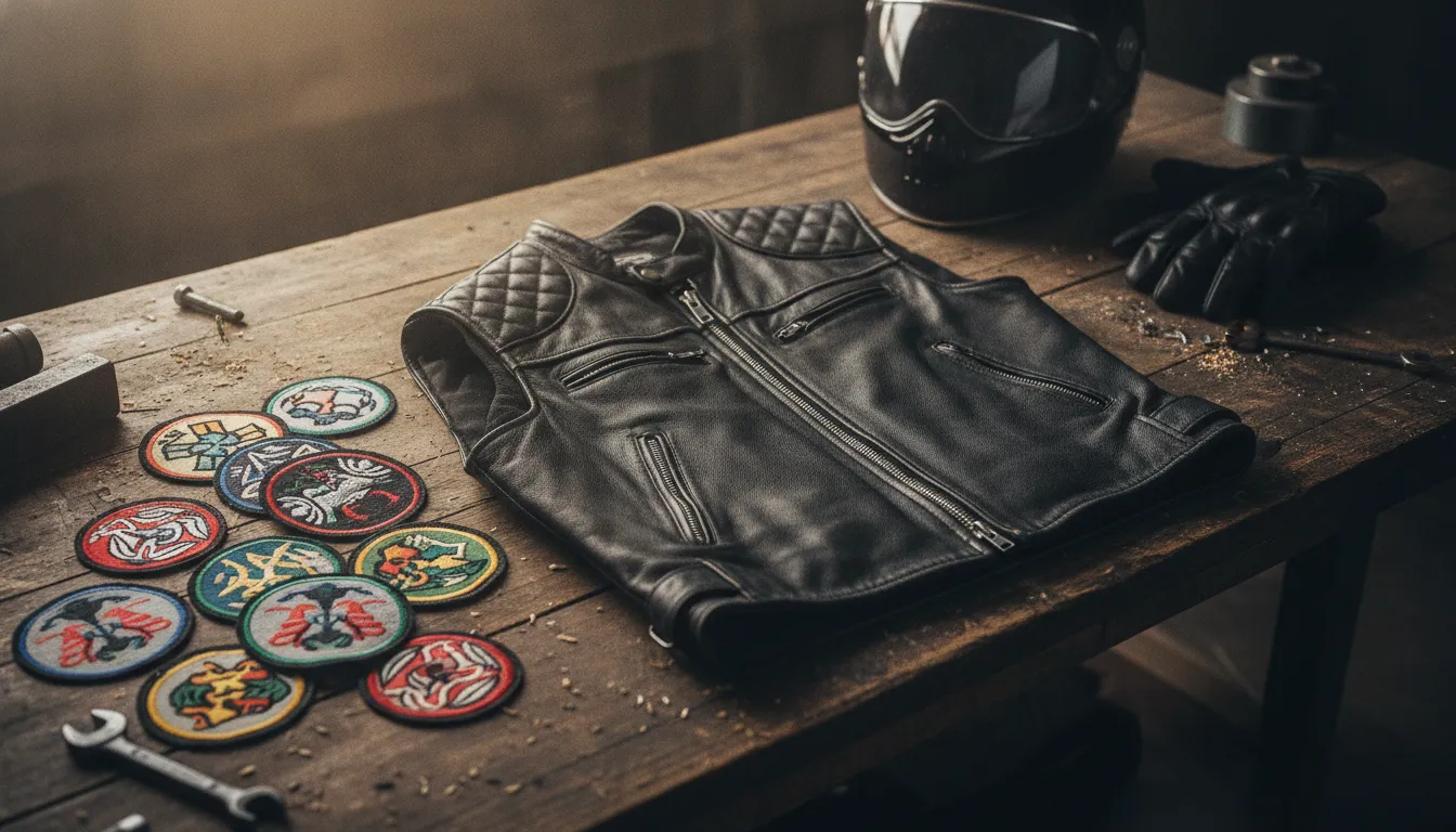 Leather motorcycle vest and embroidered riding patches arranged on a workbench