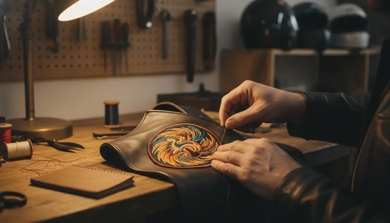 Sewing patches onto motorcycle vest leather by hand