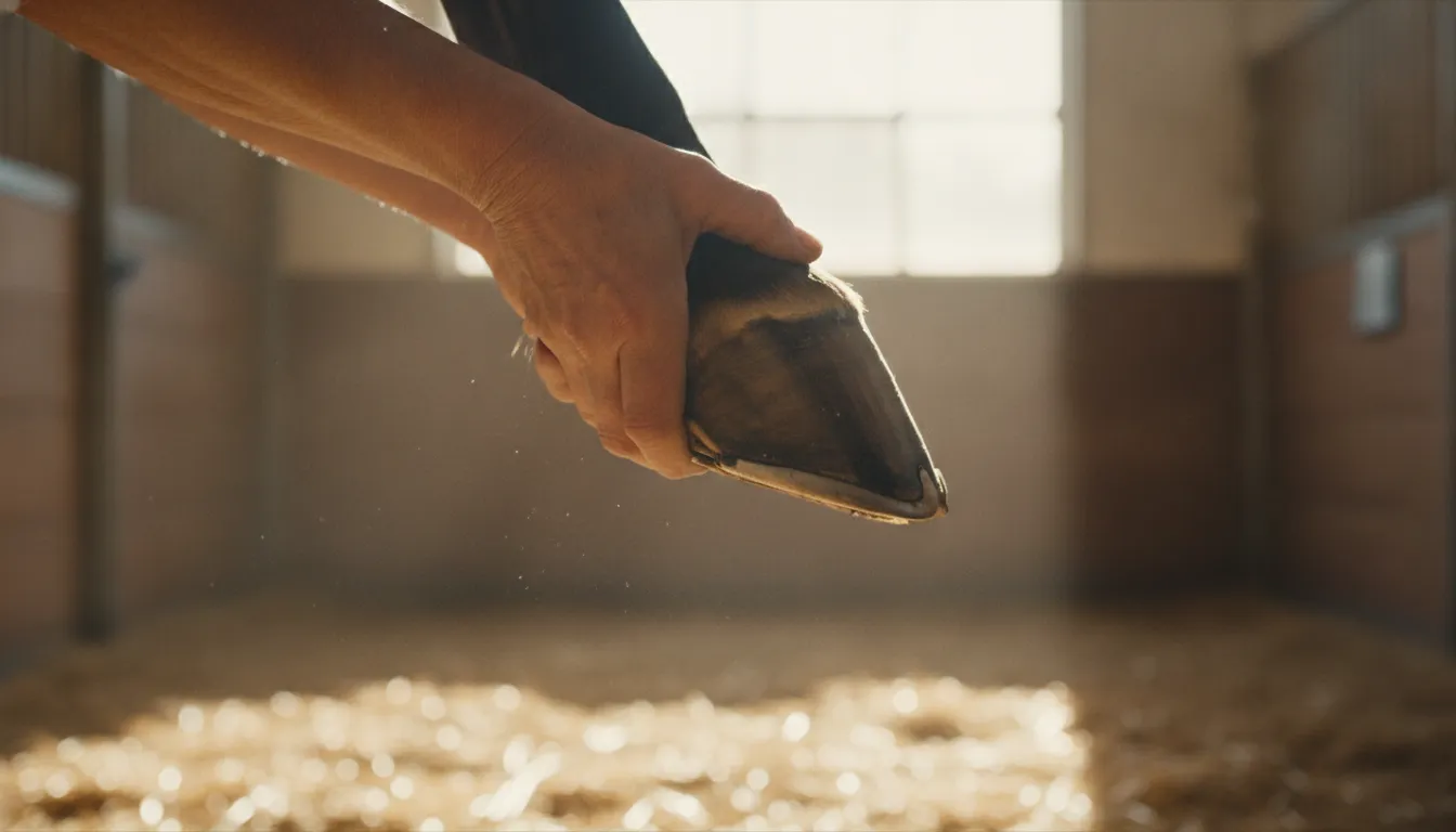 Horse owner inspecting hoof growth while using biotin for horses