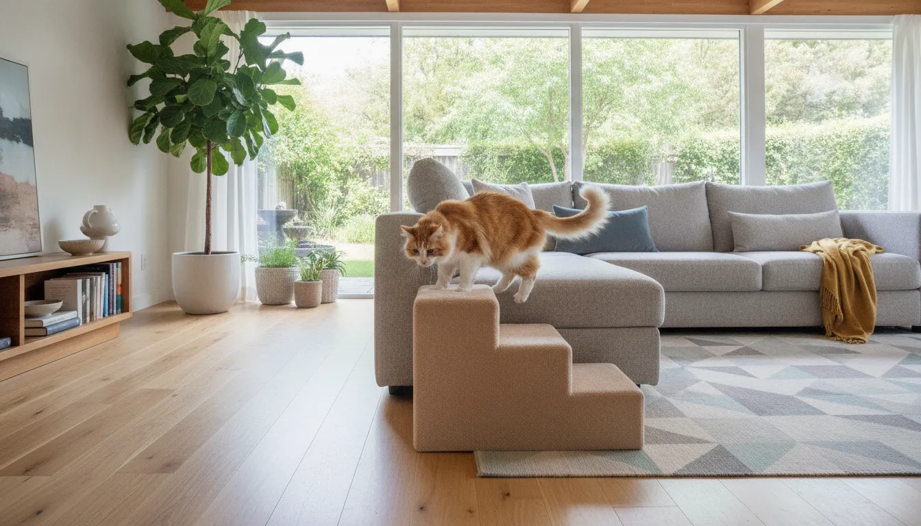 Senior cat using accessible steps in a mobility-friendly home