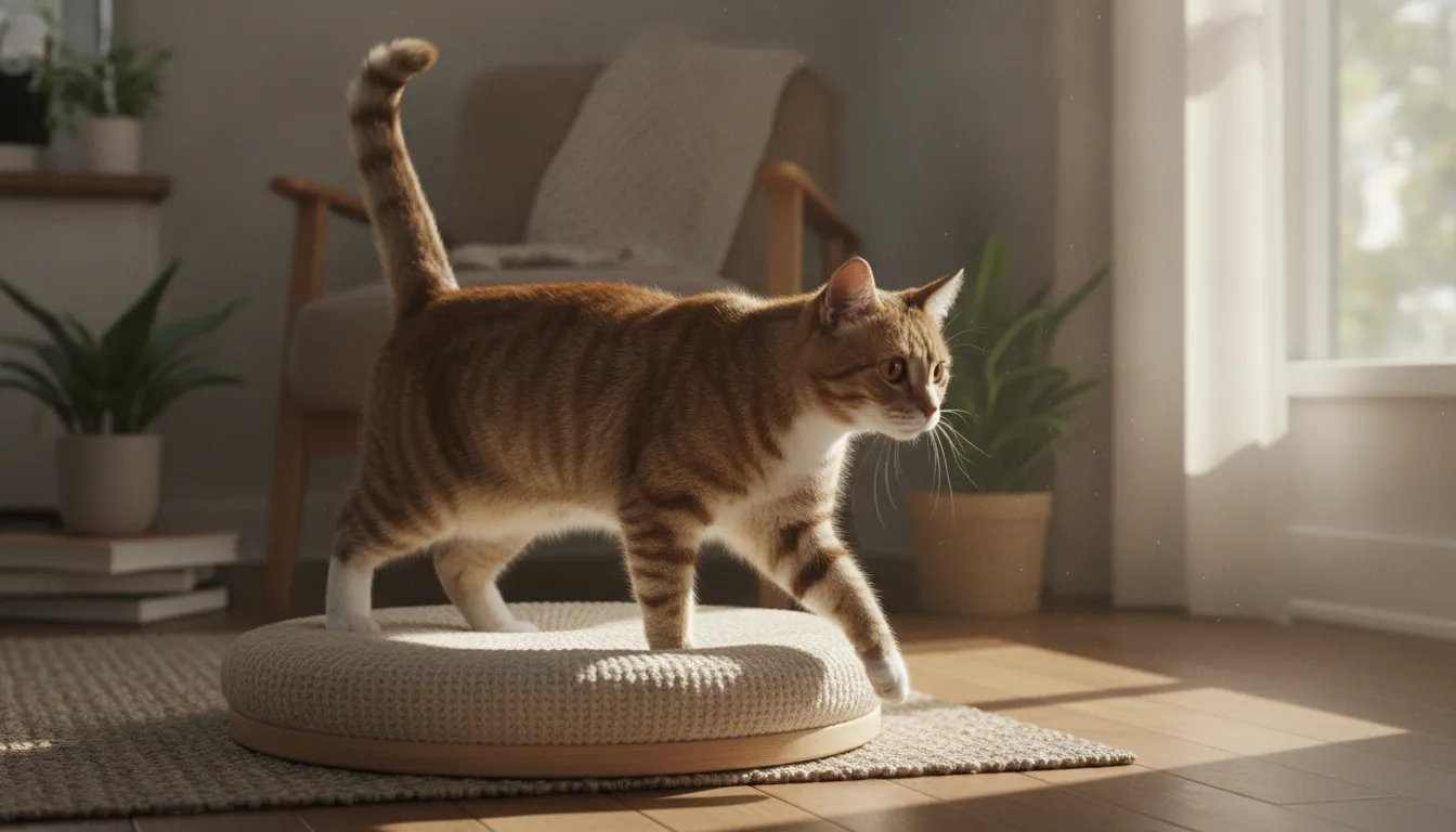 Senior tabby cat moving comfortably onto a low cushioned perch