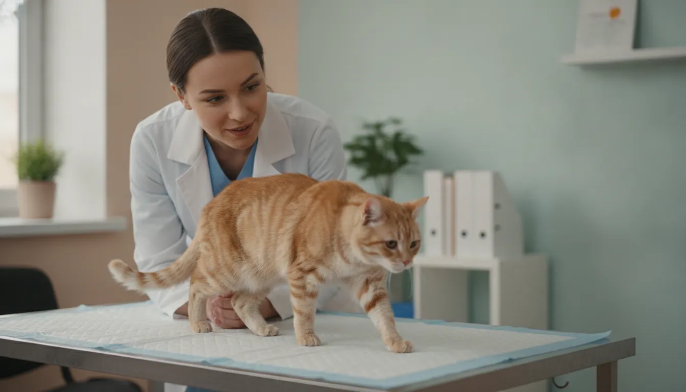 Veterinarian observing an older tabby cat's mobility