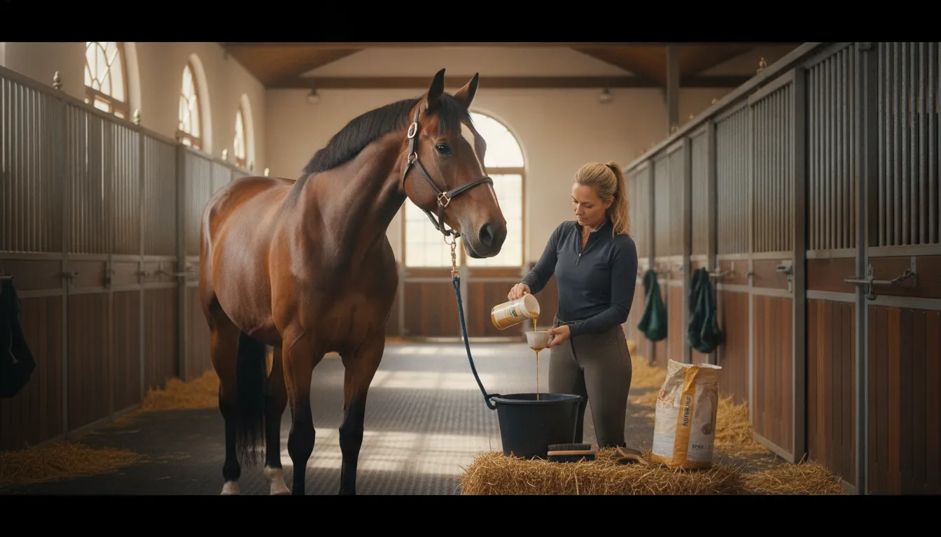 Horse joint supplement routine in a clean stable