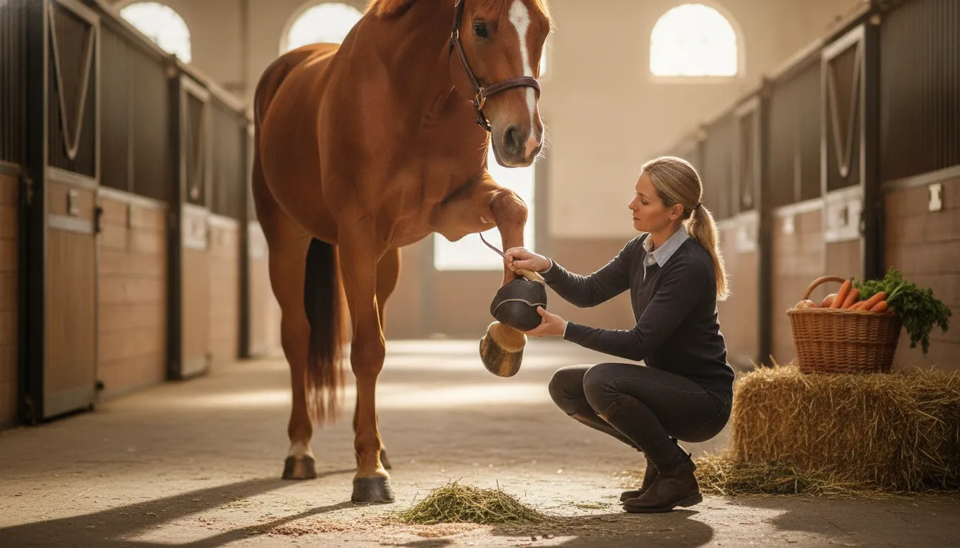 Horse receiving routine hoof care as part of a complete nutrition plan