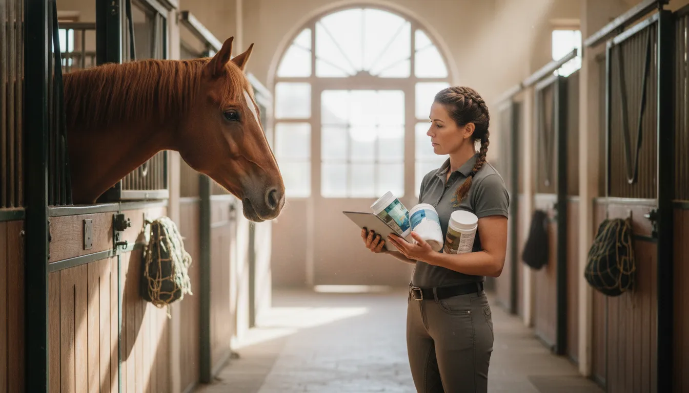 Owner comparing horse supplements joints options in a clean barn aisle
