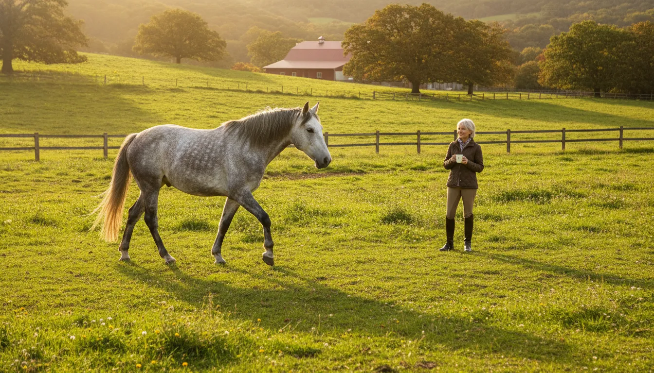 Senior horse moving comfortably while owner evaluates mobility support