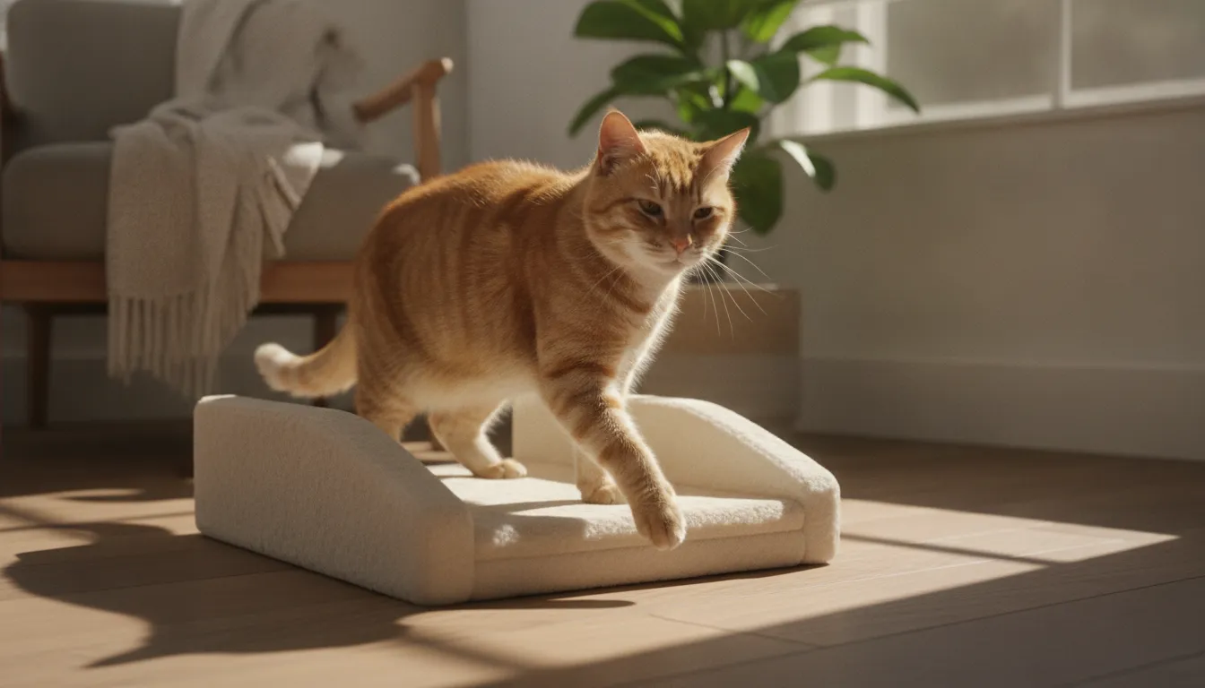 Senior cat using a low perch as part of an arthritis-friendly home