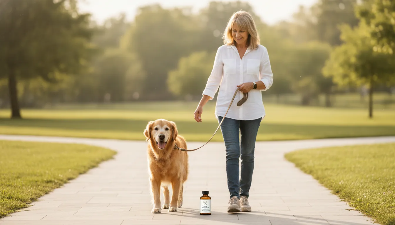 Senior dog walking with owner while comparing the best joint supplement for dogs
